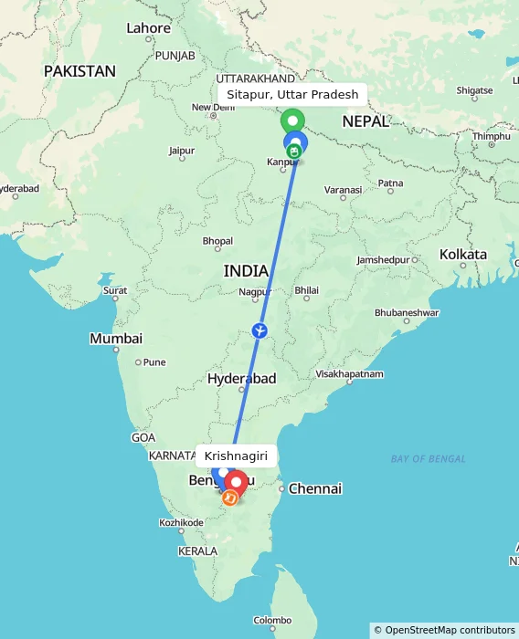 Route map showing distance and travel time from Sitapur, Uttar Pradesh, India to Krishnagiri, India