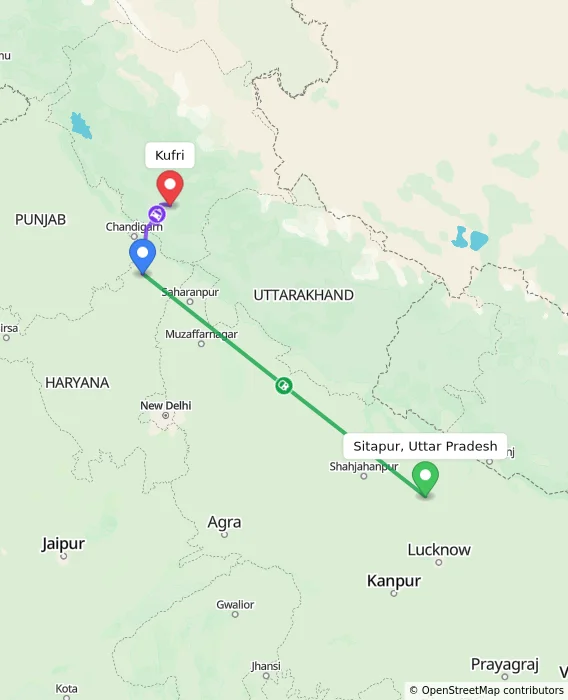 Route map showing distance and travel time from Sitapur, Uttar Pradesh, India to Kufri, India