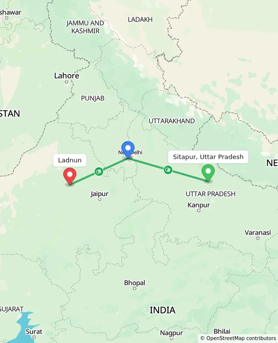 Route map showing distance and travel time from Sitapur, Uttar Pradesh, India to Ladnun, India