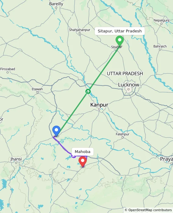 Route map showing distance and travel time from Sitapur, Uttar Pradesh, India to Mahoba, India