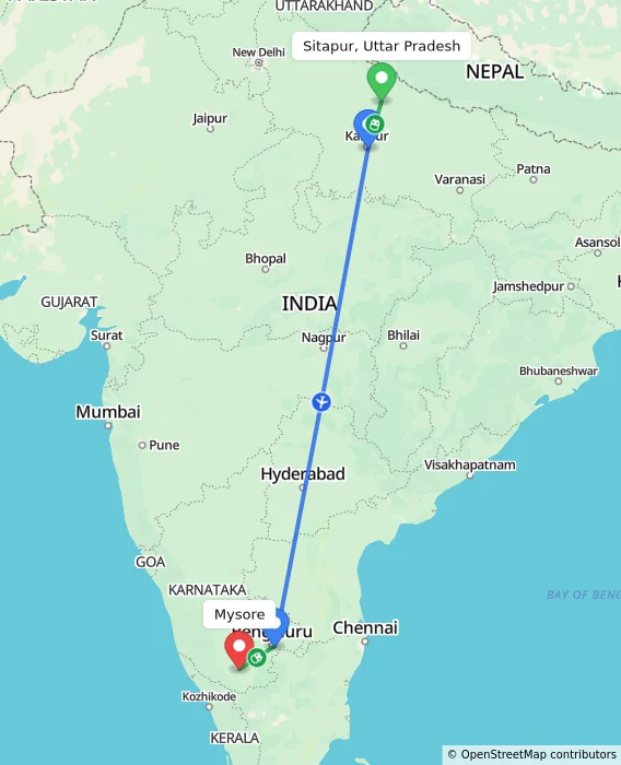 Route map showing distance and travel time from Sitapur, Uttar Pradesh, India to Mysore, India