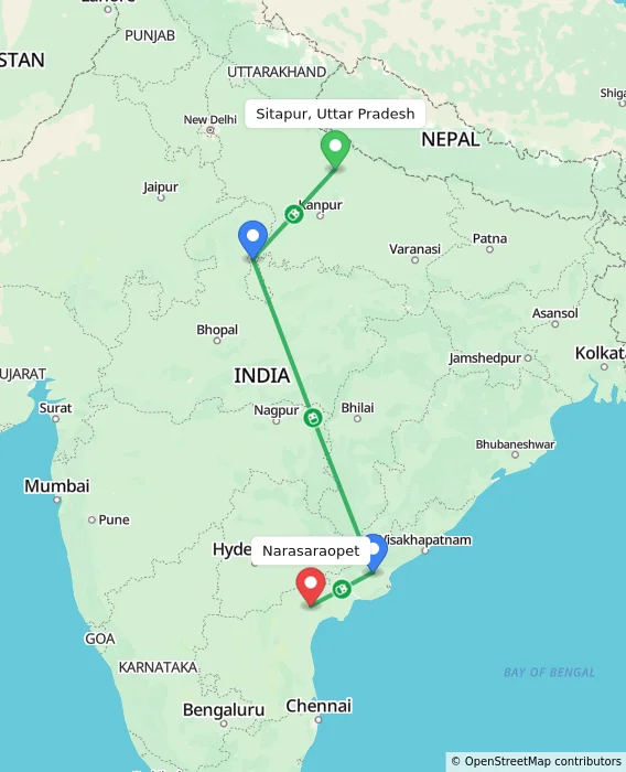 Route map showing distance and travel time from Sitapur, Uttar Pradesh, India to Narasaraopet, India