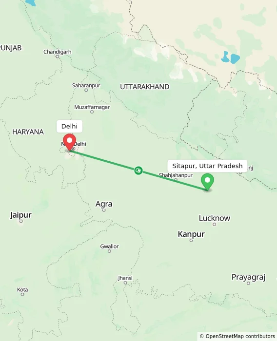 Route map showing distance and travel time from Sitapur, Uttar Pradesh, India to Delhi, India