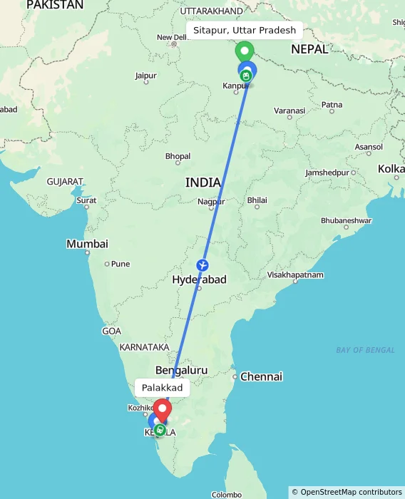 Route map showing distance and travel time from Sitapur, Uttar Pradesh, India to Palakkad, India