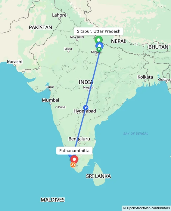 Route map showing distance and travel time from Sitapur, Uttar Pradesh, India to Pathanamthitta, India
