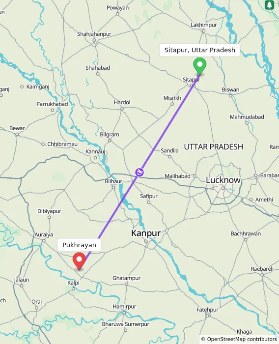 Route map showing distance and travel time from Sitapur, Uttar Pradesh, India to Pukhrayan, India