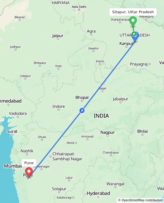 Route map showing distance and travel time from Sitapur, Uttar Pradesh, India to Pune, India