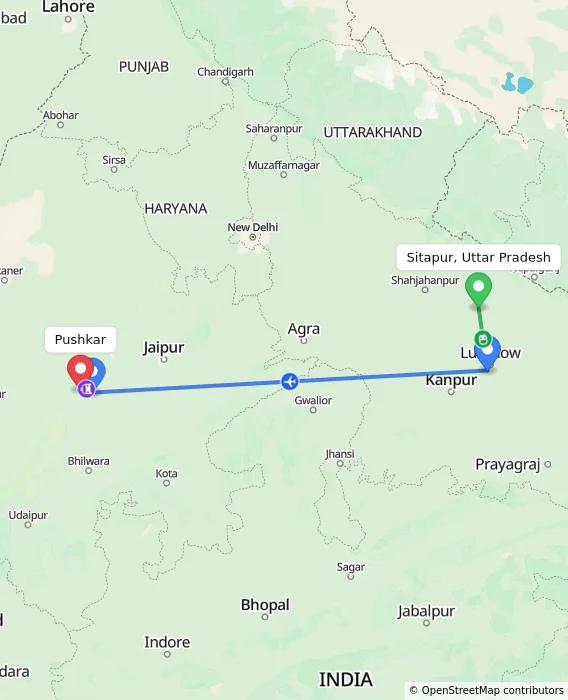 Route map showing distance and travel time from Sitapur, Uttar Pradesh, India to Pushkar, India