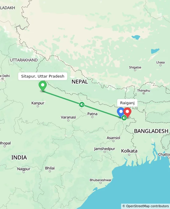 Route map showing distance and travel time from Sitapur, Uttar Pradesh, India to Raiganj, India