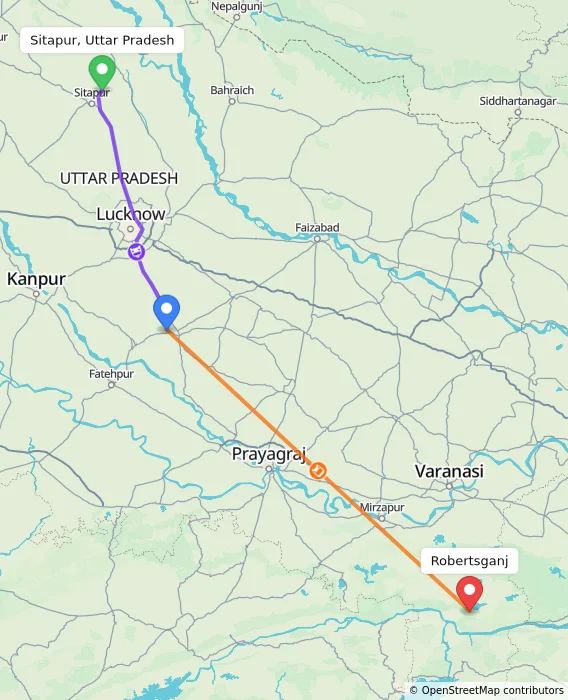 Route map showing distance and travel time from Sitapur, Uttar Pradesh, India to Robertsganj, India