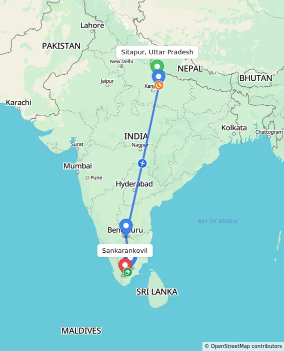 Route map showing distance and travel time from Sitapur, Uttar Pradesh, India to Sankarankovil, India