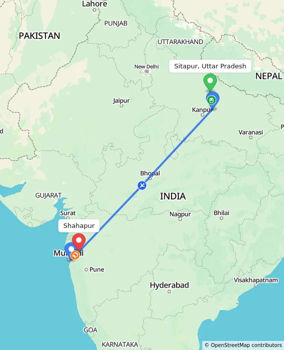 Route map showing distance and travel time from Sitapur, Uttar Pradesh, India to Shahapur, India