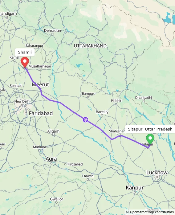 Route map showing distance and travel time from Sitapur, Uttar Pradesh, India to Shamli, India