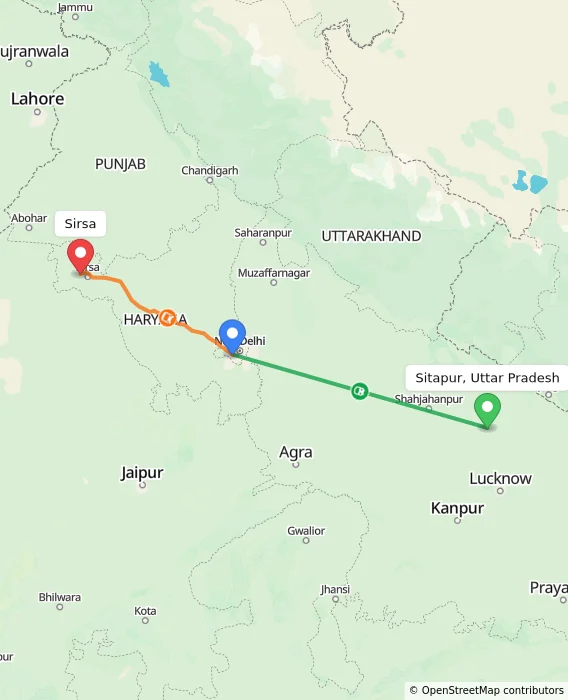Route map showing distance and travel time from Sitapur, Uttar Pradesh, India to Sirsa, India