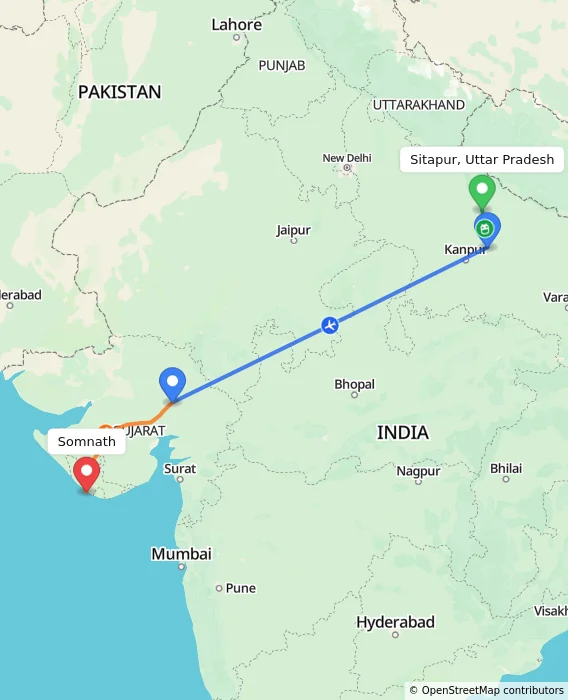 Route map showing distance and travel time from Sitapur, Uttar Pradesh, India to Somnath, India