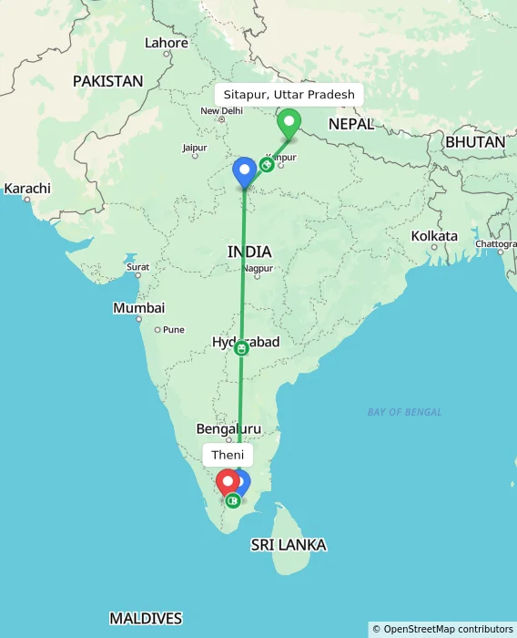 Route map showing distance and travel time from Sitapur, Uttar Pradesh, India to Theni, India