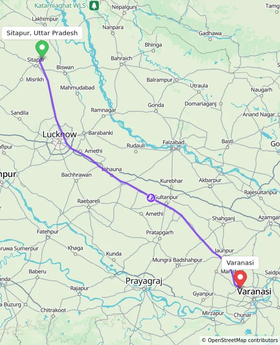 Route map showing distance and travel time from Sitapur, Uttar Pradesh, India to Varanasi, India