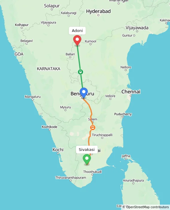 Route map showing distance and travel time from Sivakasi, India to Adoni, India