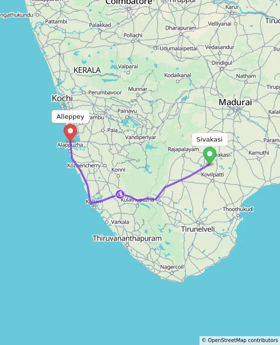 Route map showing distance and travel time from Sivakasi, India to Alappuzha, India