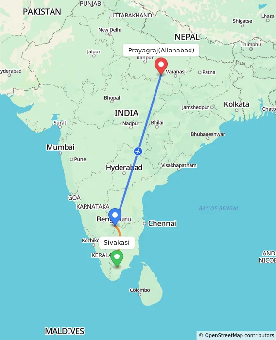 Route map showing distance and travel time from Sivakasi, India to Allahabad, India