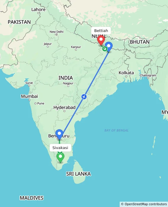 Route map showing distance and travel time from Sivakasi, India to Bettiah, India