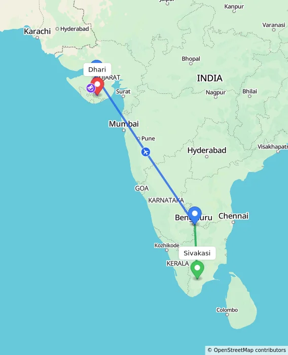 Route map showing distance and travel time from Sivakasi, India to Dhari, India