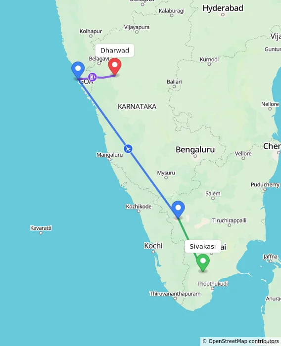 Route map showing distance and travel time from Sivakasi, India to Dharwad, India