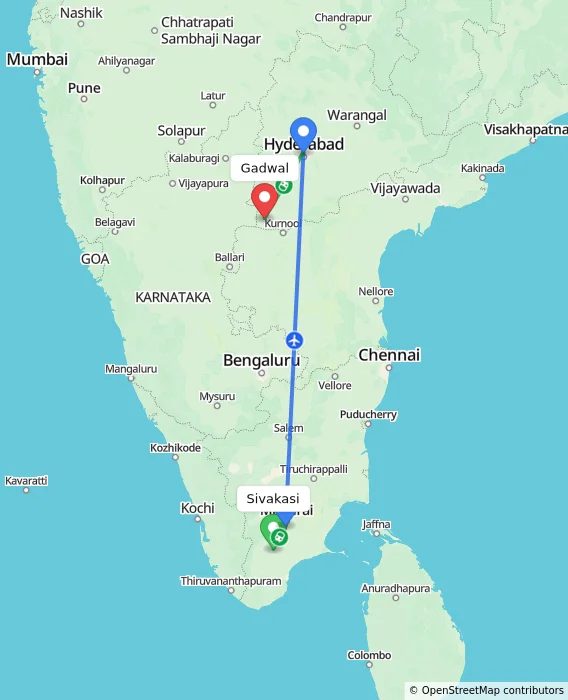 Route map showing distance and travel time from Sivakasi, India to Gadwal, India