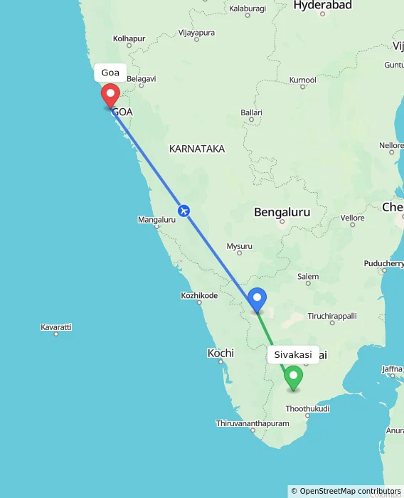 Route map showing distance and travel time from Sivakasi, India to Goa, India