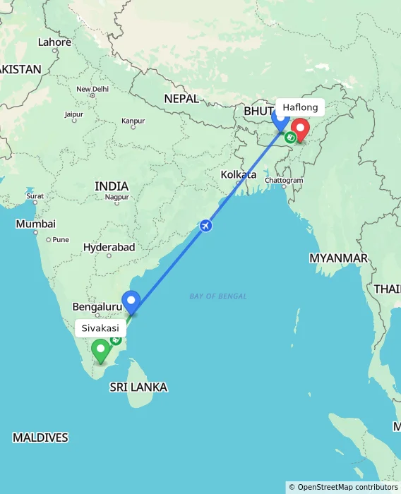 Route map showing distance and travel time from Sivakasi, India to Haflong, India