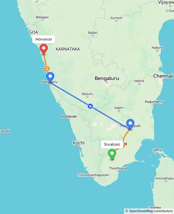 Route map showing distance and travel time from Sivakasi, India to Honavar, India