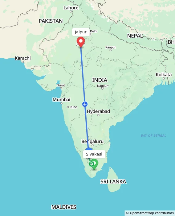 Route map showing distance and travel time from Sivakasi, India to Jaipur, India