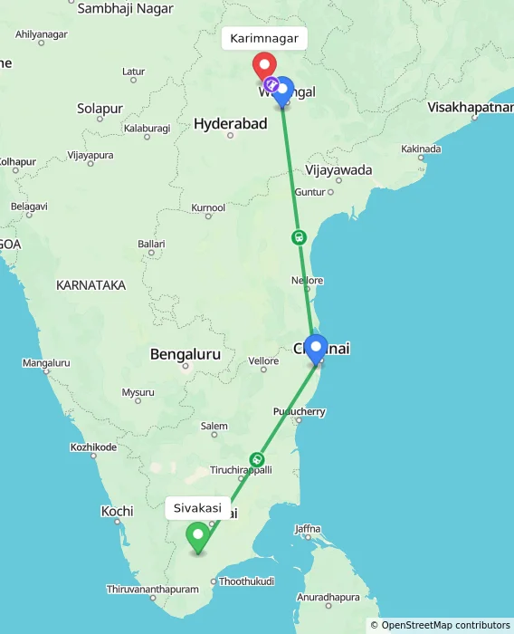 Route map showing distance and travel time from Sivakasi, India to Karimnagar, India