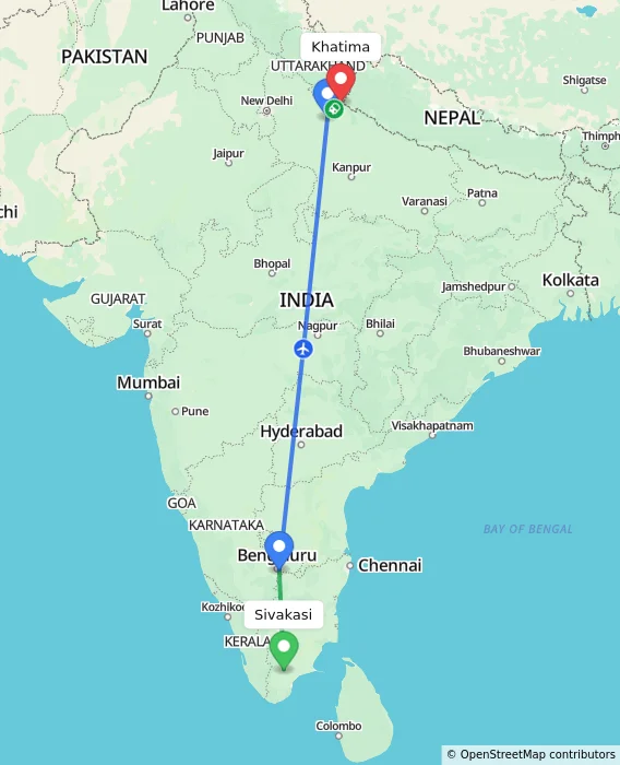 Route map showing distance and travel time from Sivakasi, India to Khatima, India
