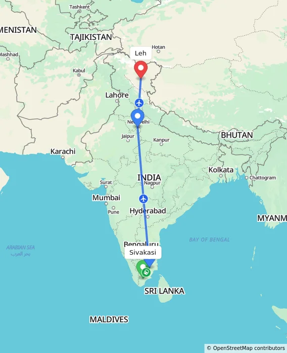 Route map showing distance and travel time from Sivakasi, India to Leh, India