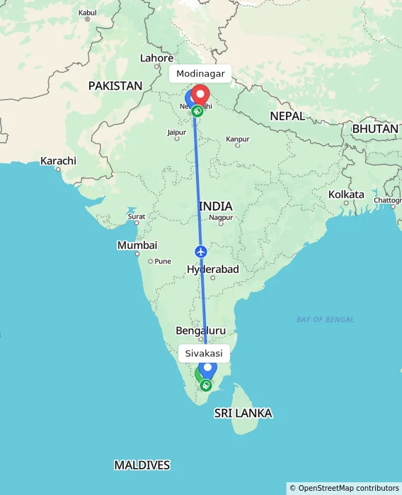 Route map showing distance and travel time from Sivakasi, India to Modinagar, India