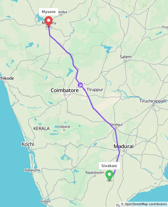 Route map showing distance and travel time from Sivakasi, India to Mysore, India