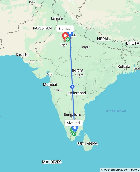 Route map showing distance and travel time from Sivakasi, India to Narnaul, India