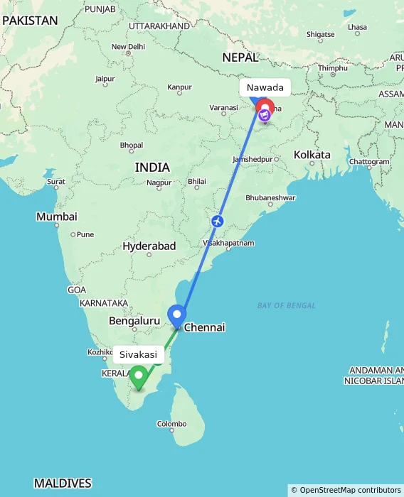 Route map showing distance and travel time from Sivakasi, India to Nawada, India
