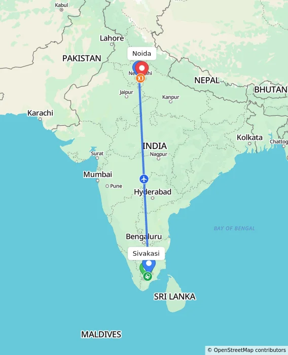 Route map showing distance and travel time from Sivakasi, India to Noida, India