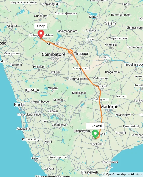 Route map showing distance and travel time from Sivakasi, India to Ooty, India
