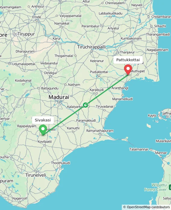 Route map showing distance and travel time from Sivakasi, India to Pattukkottai, India