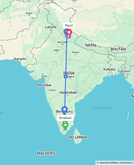 Route map showing distance and travel time from Sivakasi, India to Pauri, India