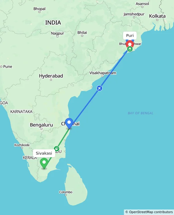 Route map showing distance and travel time from Sivakasi, India to Puri, India