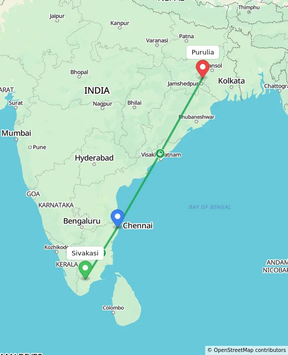 Route map showing distance and travel time from Sivakasi, India to Purulia, India