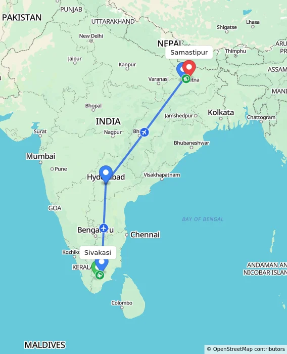 Route map showing distance and travel time from Sivakasi, India to Samastipur, India