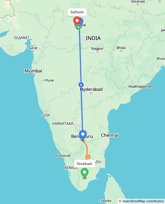 Route map showing distance and travel time from Sivakasi, India to Sehore, India