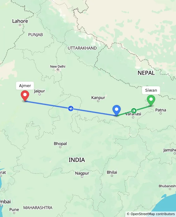 Route map showing distance and travel time from Siwan, India to Ajmer, India
