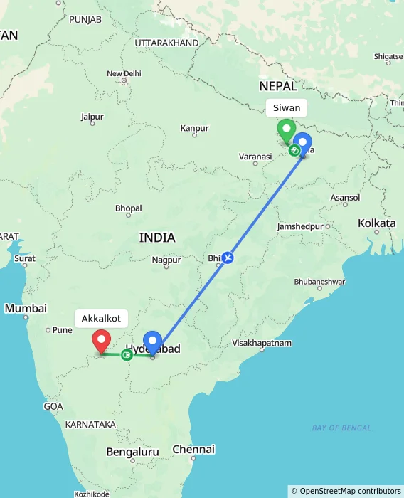 Route map showing distance and travel time from Siwan, India to Akkalkot, India