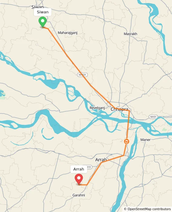 Route map showing distance and travel time from Siwan, India to Arrah, India